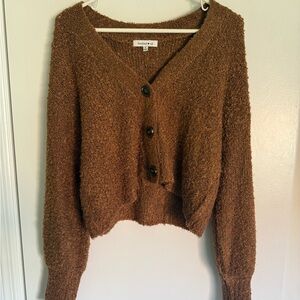 Hooked Up Cozy Brown Button-Up cropped Cardigan